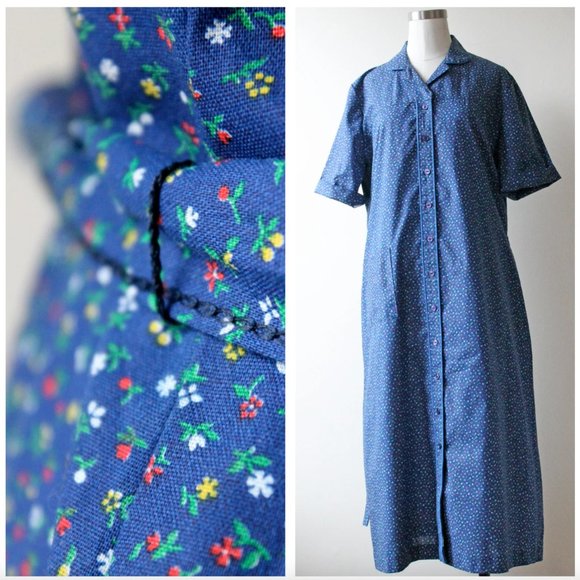 1970s Blue Multicolor Floral Print Short Sleeve Button Down Collar Shirt Dress - Picture 10 of 10